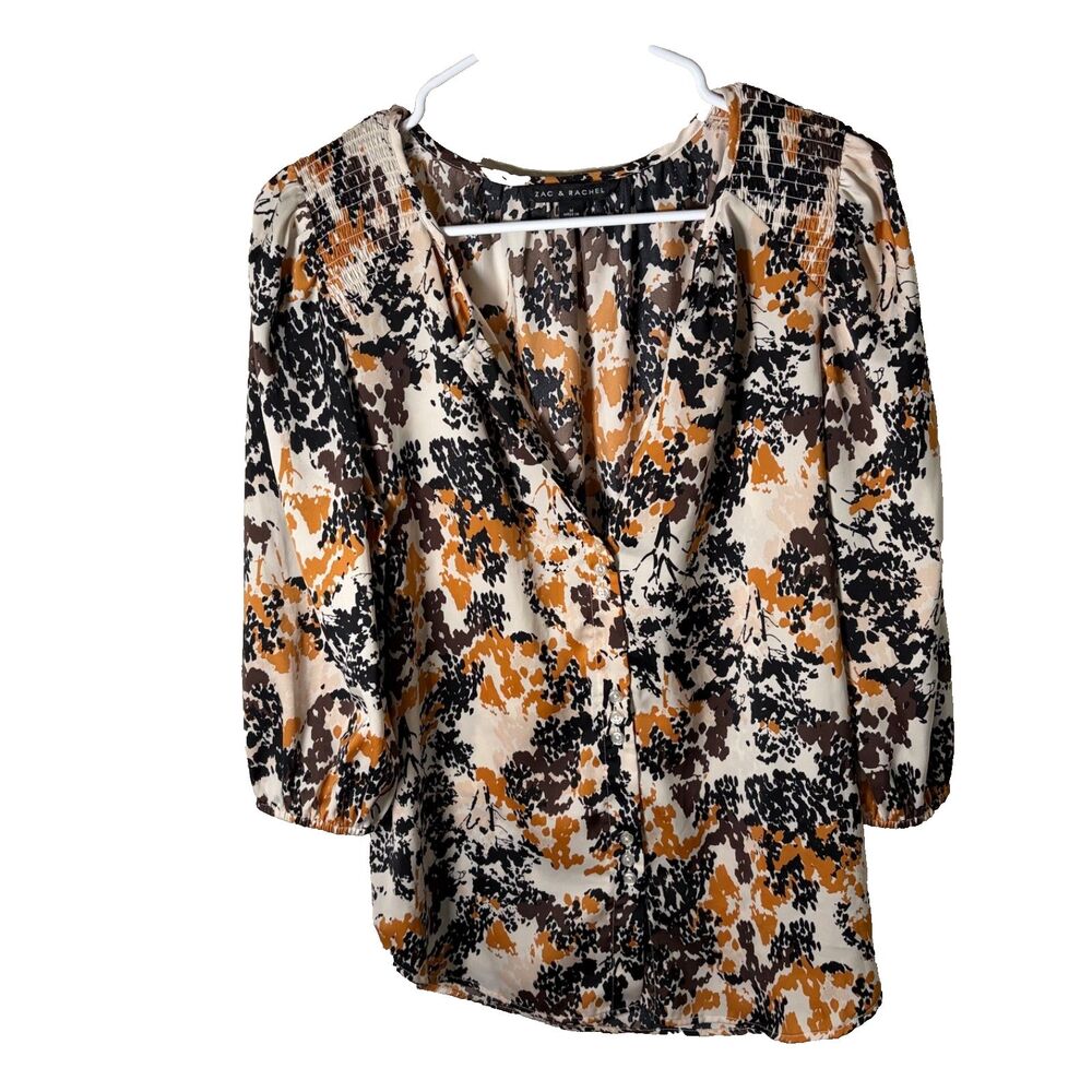 Zac & Rachel Blouse Women's Medium Button Up V-Neck 3/4 Sleeve Colorful Top